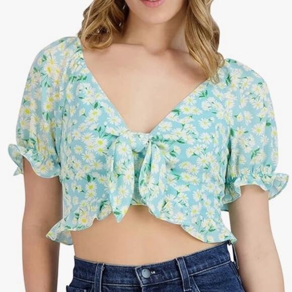 BCBGeneration Tie Front Ruffle Hem Smocked Back Crop Top bm - Picture 1 of 7